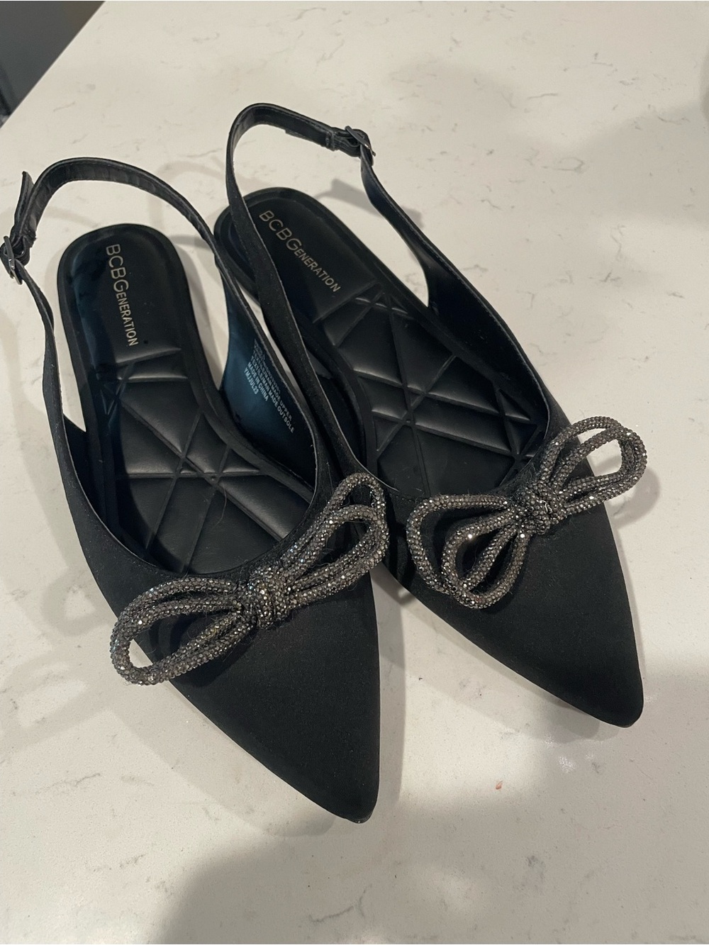 BCBGeneration Black Pointed Slingback Flats with Beaded Bow Accent